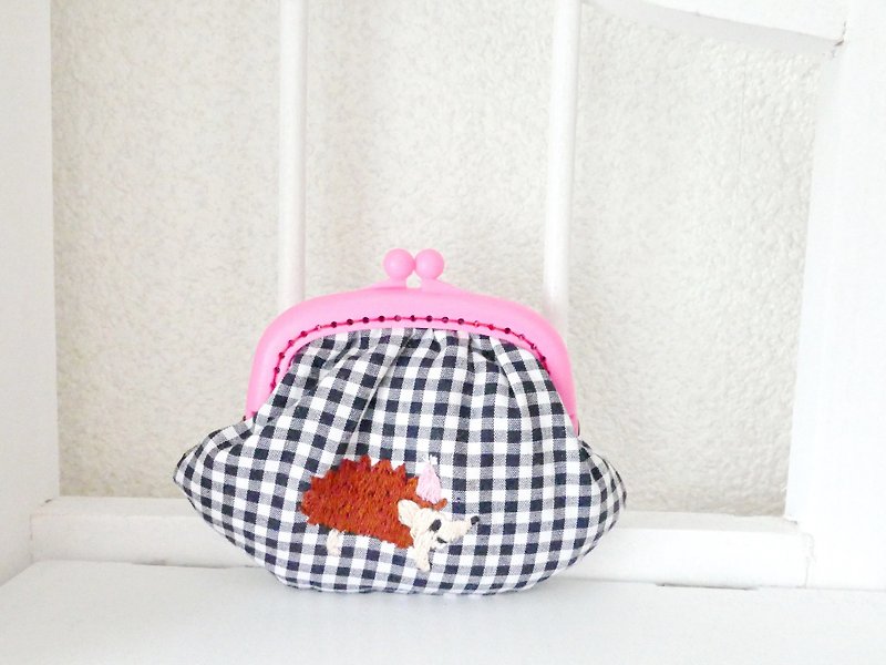 Embroidered Gamaguchi Gingham Check Hedgehog Pink Hat - Toiletry Bags & Pouches - Cotton & Hemp Black