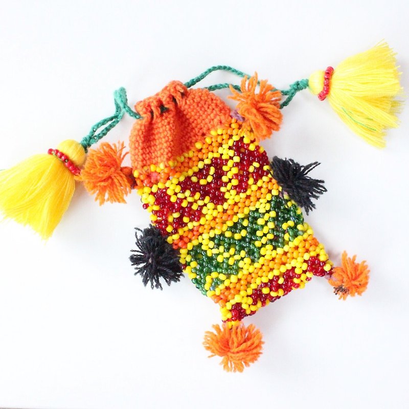 Afghanistan beads drawstring - กระเป๋าเครื่องสำอาง - วัสดุอื่นๆ สีเหลือง