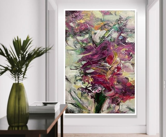 他の方発送×油彩画　【花】　抽象 キャンバスに描かれたオリジナルの抽象油絵 花束 カラフルな絵画
