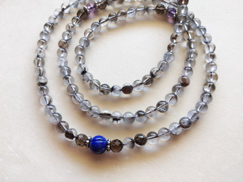 ORLI Jewelry Natural Black Silver Titanium 108 Rosary Beads Black Silver Titanium Crystal 108 Buddha Beads Lapis Lazuli - สร้อยข้อมือ - เครื่องเพชรพลอย สีเทา