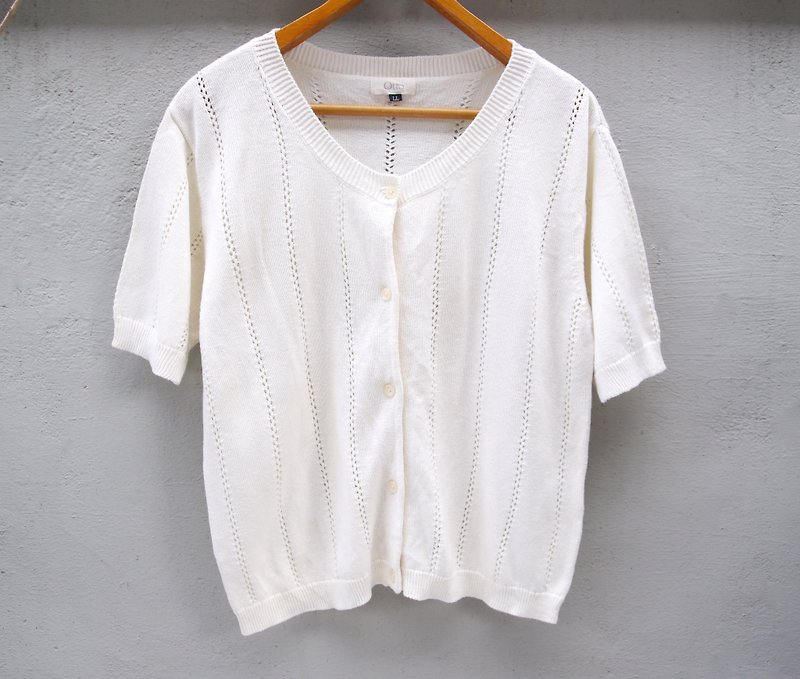 FOAK vintage hollow simple knit tops - Women's Tops - Cotton & Hemp White