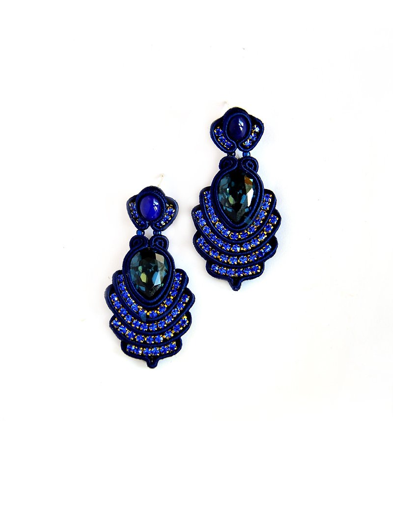 Earrings navy blue dangle earrings with Swarovski stones Christmas Gift Wrapping - ต่างหู - วัสดุอื่นๆ สีน้ำเงิน