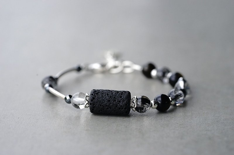 Charcoal - Stone Black Hair Crystal Stone Terahertz White Crystal 925 Sterling Silver Bracelet - สร้อยข้อมือ - เครื่องประดับพลอย สีดำ