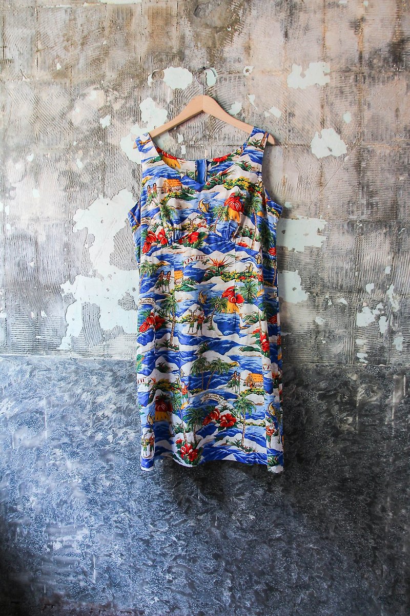 裊裊百貨公司-Vintage 藍色系夏威夷圖案無袖洋裝 復古著 - 連身裙 - 棉．麻 