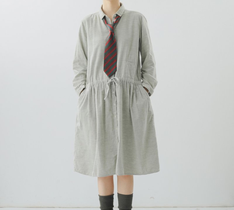 Marled Corduroy French Retro Shirt Dress - ชุดเดรส - ผ้าฝ้าย/ผ้าลินิน สีเทา