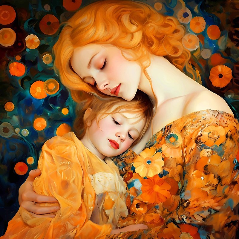 MOTHER AND CHILD, DAUGHTER, BABY GIRL family portrait original painting wall art - 相框/畫框 - 其他材質 橘色