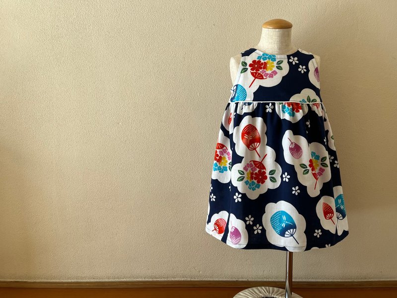 Children's yukata fabric flare dress - กระโปรง - ผ้าฝ้าย/ผ้าลินิน สีน้ำเงิน