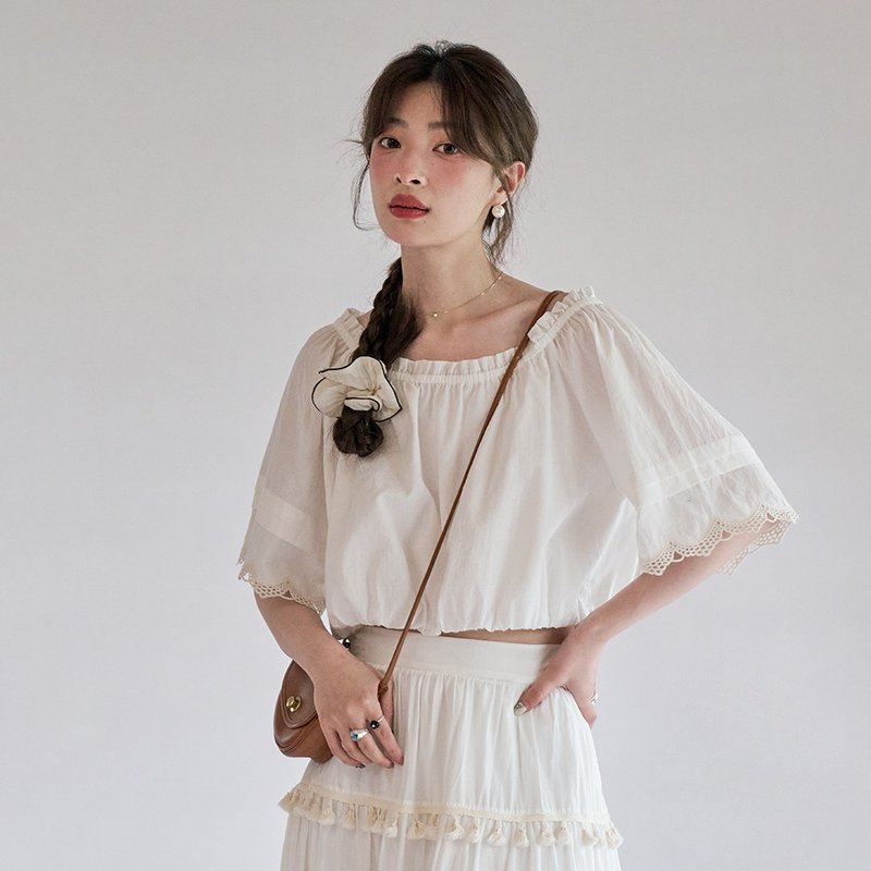 一字領短款小衫|襯衫|春夏款|Sora-1183 - 女襯衫 - 棉．麻 白色