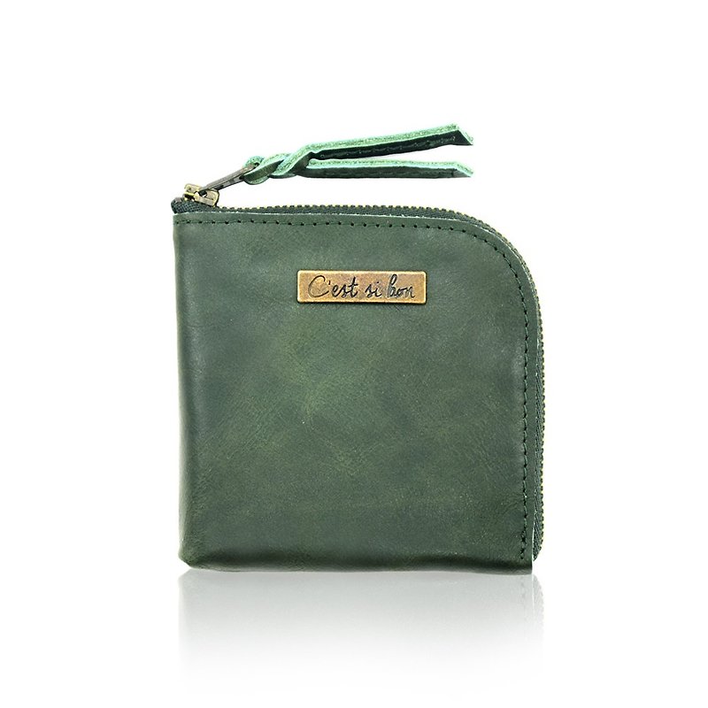 [Craftsman Leather] Gift Leather L-shaped Zipper Coin Purse/Short Clip-Wipe Green - Wallets - Genuine Leather Green