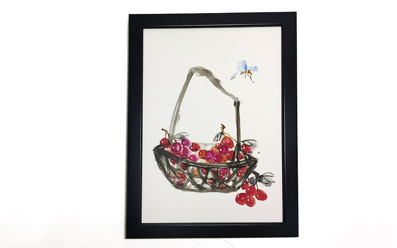 Hand-painted painting grape fruit basket Chinese painting decoration (with picture frame) - โปสเตอร์ - กระดาษ สีทอง