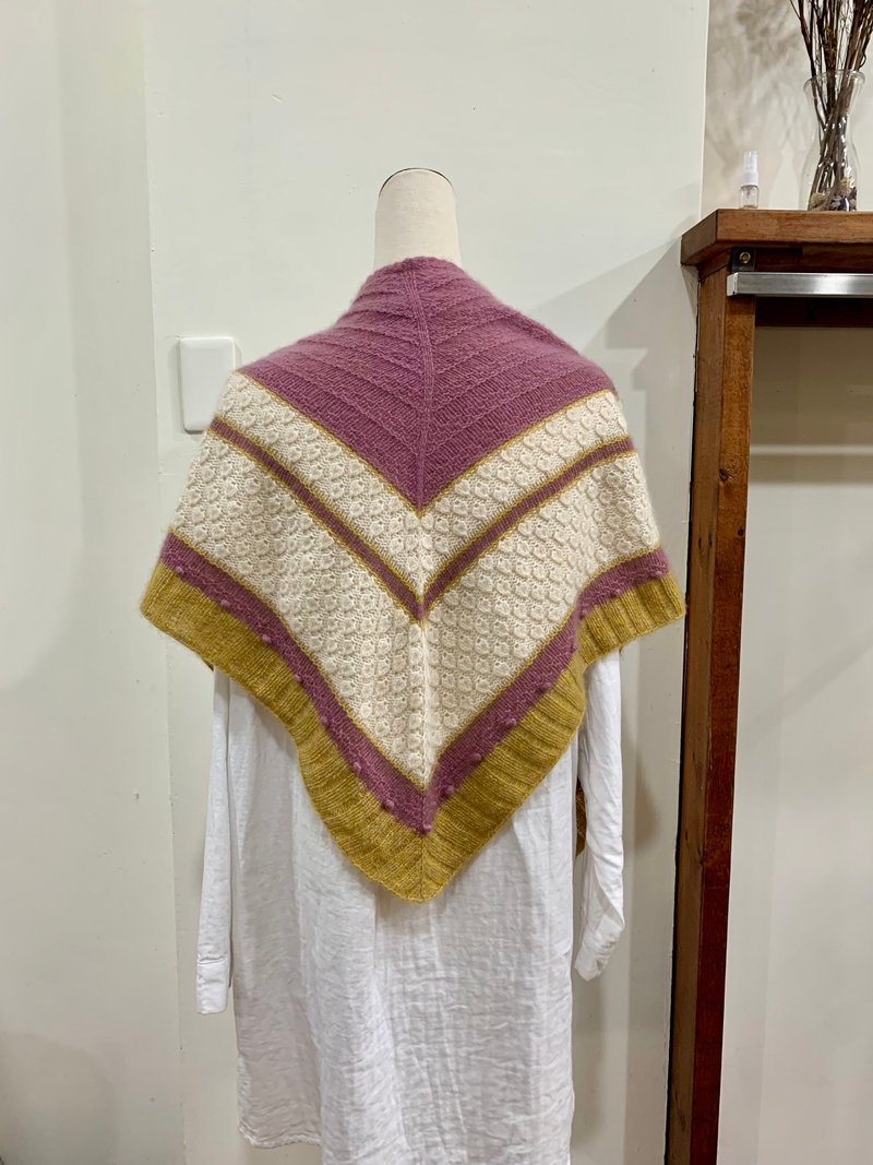 Handmade triangular wool shawl. . Adzuki bean leaves. Purple pink/white/yellow - Knit Scarves & Wraps - Wool 