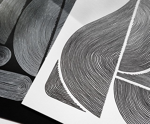 2個セット オリジナルラインアート 黒と白 抽象的な形のアートワーク