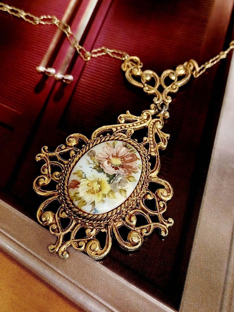 vintage jewelry Florenza古董 維多利亞瓷繪花卉 項鍊 - 項鍊 - 其他金屬 