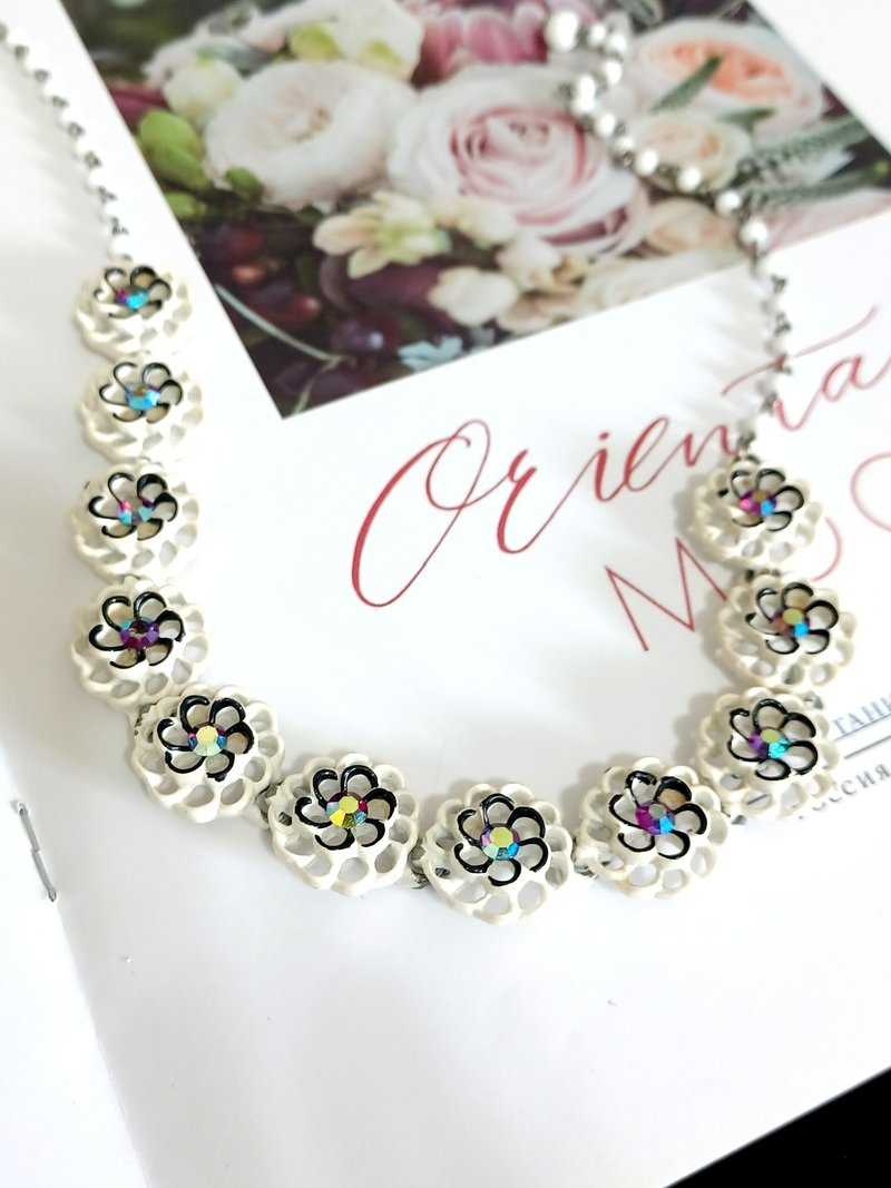 vintage jewelry 古典白琺瑯極光萊茵花卉 項鍊 - 項鍊 - 其他金屬 