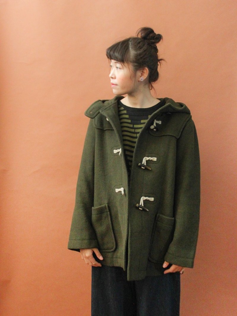 復古秋冬可愛學院風百搭軍綠色羊毛尼古著外套 Vintage Coat - 外套/大衣 - 羊毛 綠色