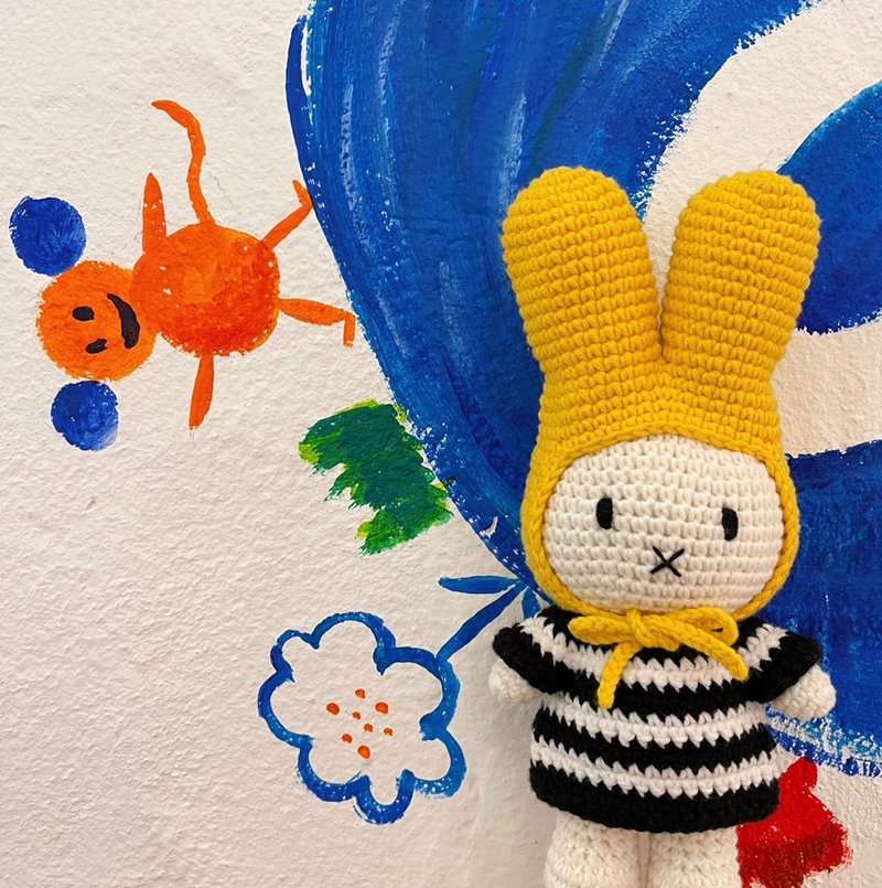 Just Dutch | Miffy handmade and her black striped dress + yellow hat - Stuffed Dolls & Figurines - Cotton & Hemp Black