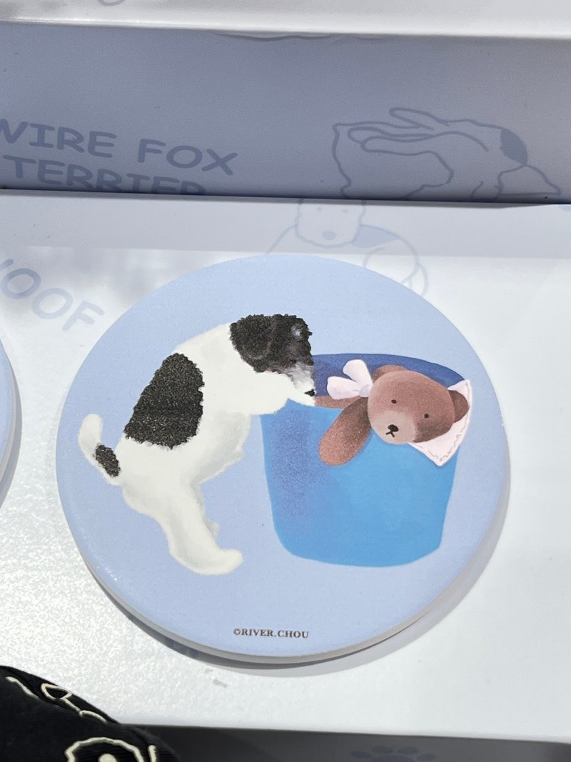 Wirefoxterrier 剛毛獵狐梗 水彩畫杯墊 搗蛋 - 杯墊 - 陶 藍色