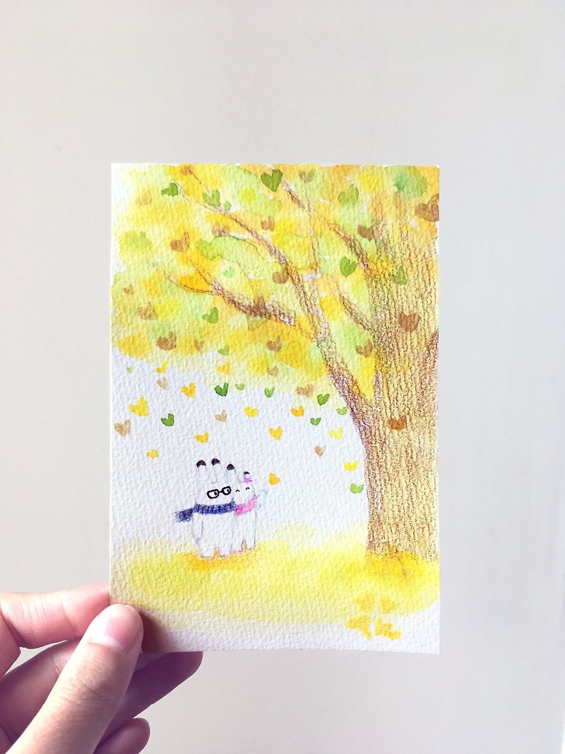 Japanese bunny lover hand-painted original painting illustration card postcard - การ์ด/โปสการ์ด - กระดาษ สีเหลือง