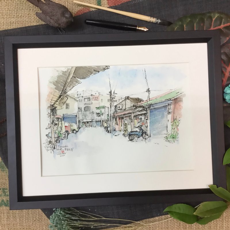 八德重慶街/手繪原作/淡彩/含畫框 - 海報/掛畫/掛布 - 紙 咖啡色