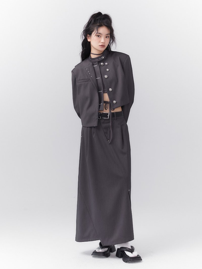 Grey Asymmetric Mid-Low Waist Slit A Skirt - Skirts - Other Materials Gray