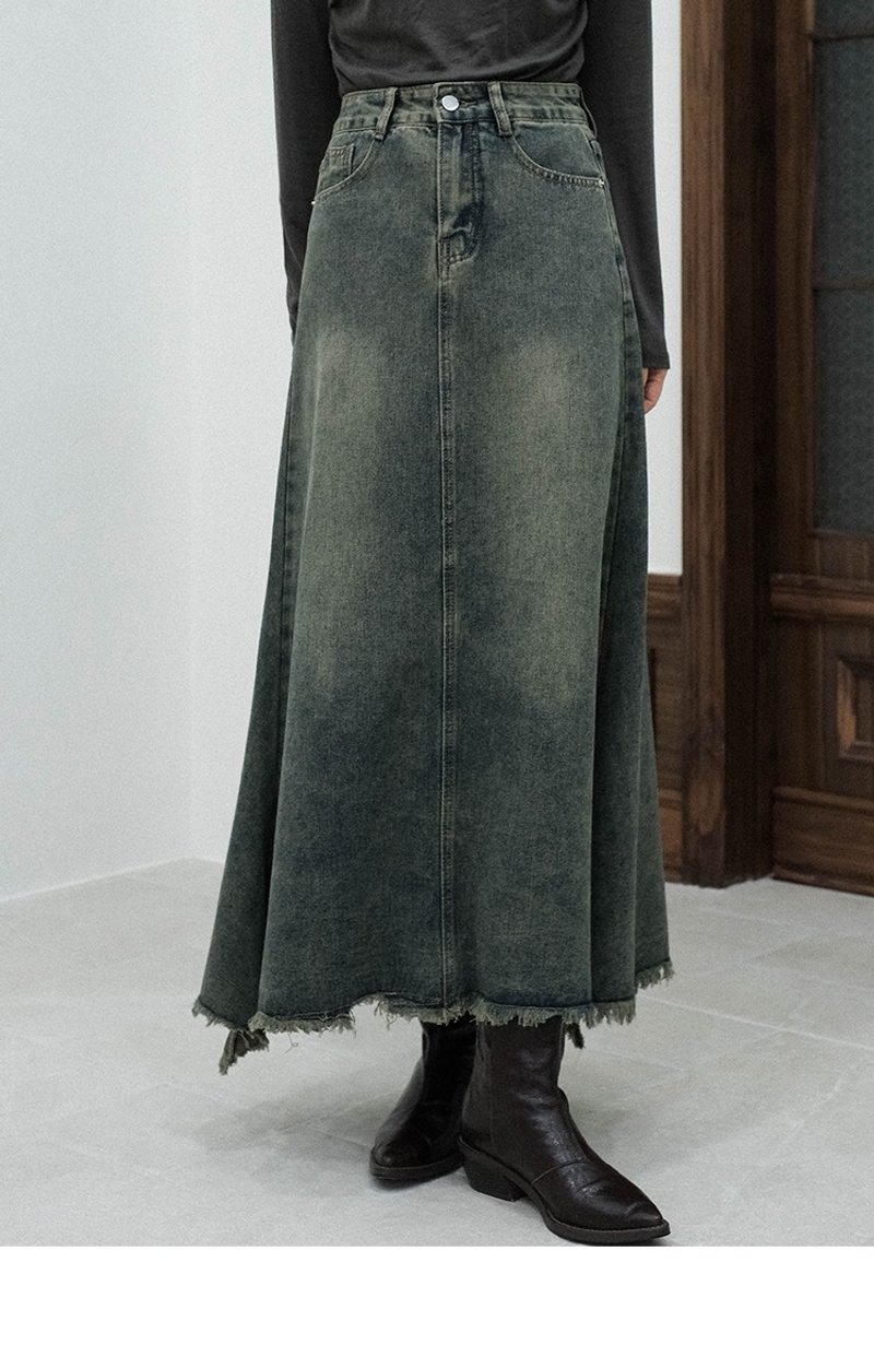 Retro distressed blue green hip fishtail skirt long denim skirt - Skirts - Cotton & Hemp 