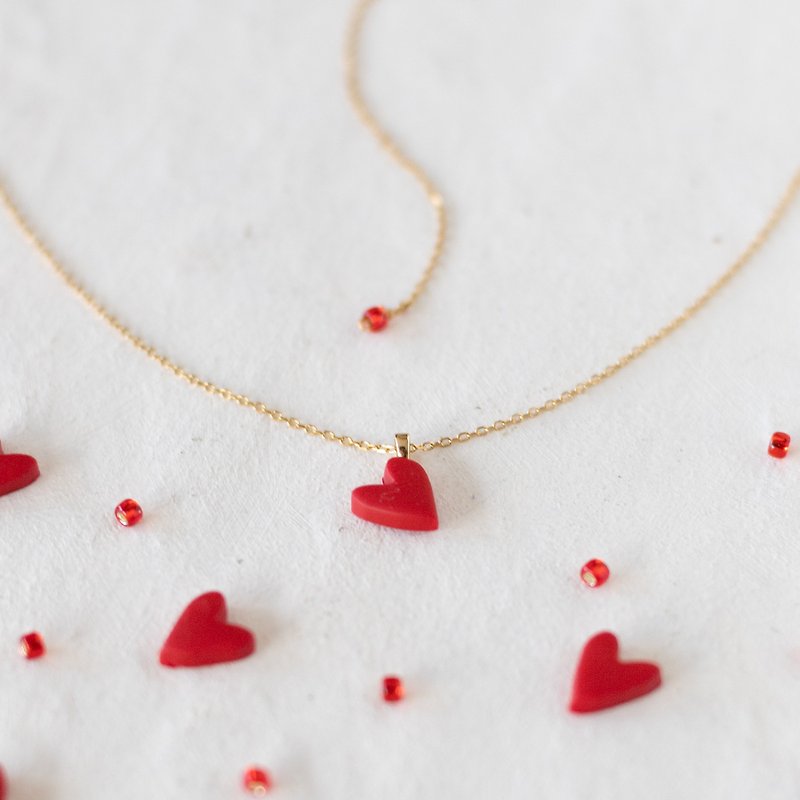 Small heart necklace, stainless steel, size free. - สร้อยคอ - ดินเหนียว สีแดง