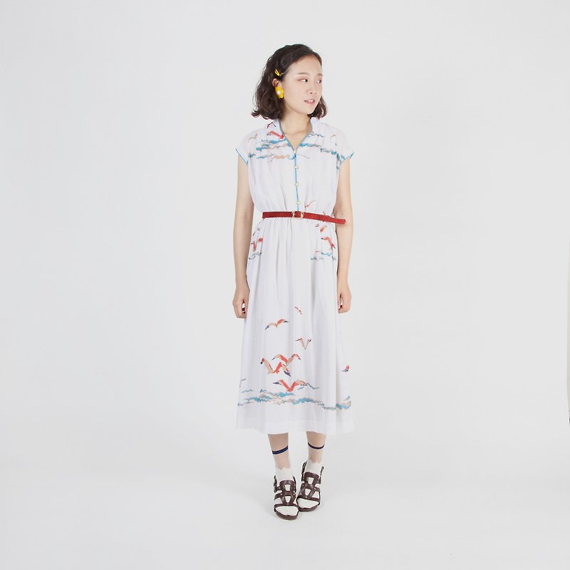 [Egg Plant Vintage] White Strait Printed Sleeveless Vintage Dress - One Piece Dresses - Polyester White