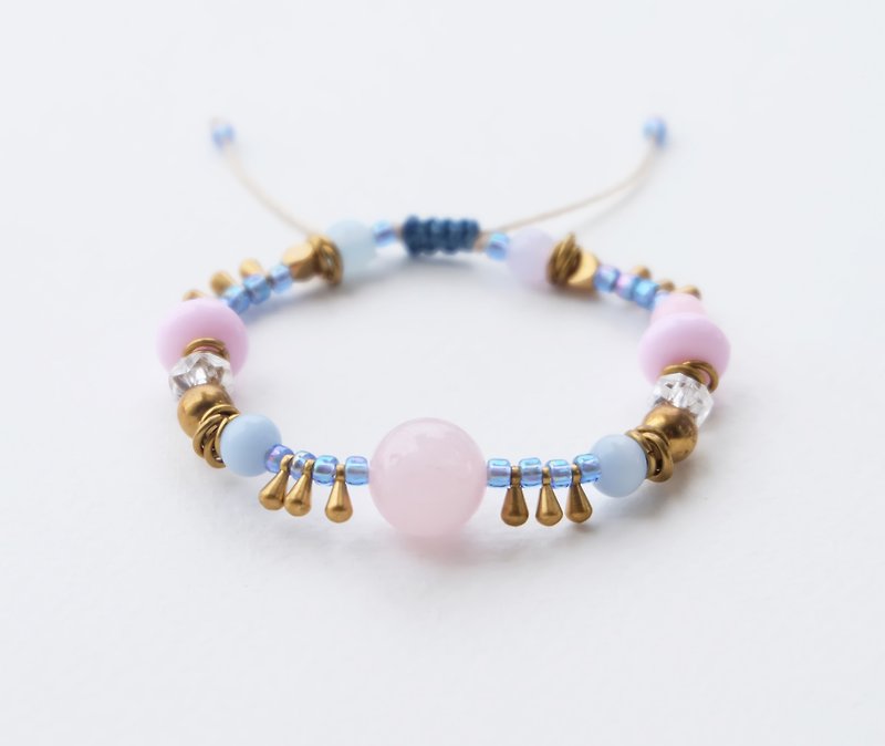 Baby pink gemstone string bracelet with brass and other mixed beads - Bracelets - Other Materials Pink