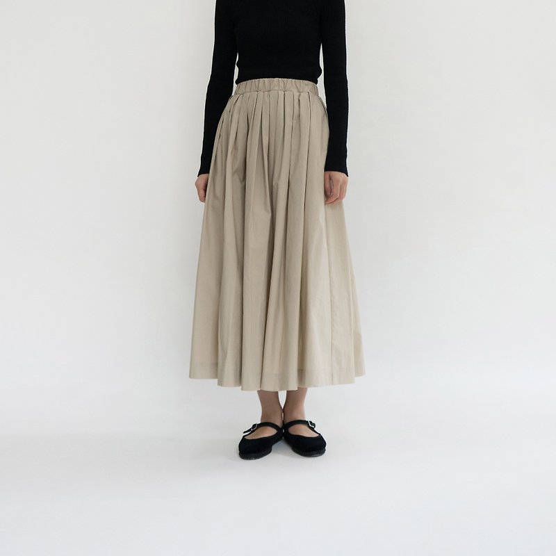 Light Khaki elasticated high waist large hem skirt - กระโปรง - ผ้าฝ้าย/ผ้าลินิน สีกากี