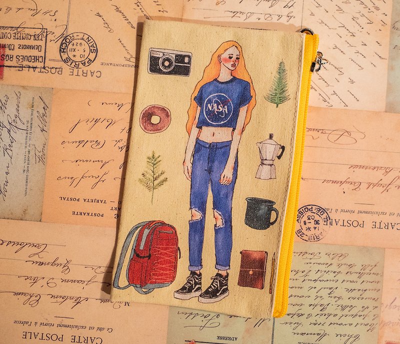 NASA Girls Canvas Pencil Bag - กล่องดินสอ/ถุงดินสอ - ผ้าฝ้าย/ผ้าลินิน สีเหลือง