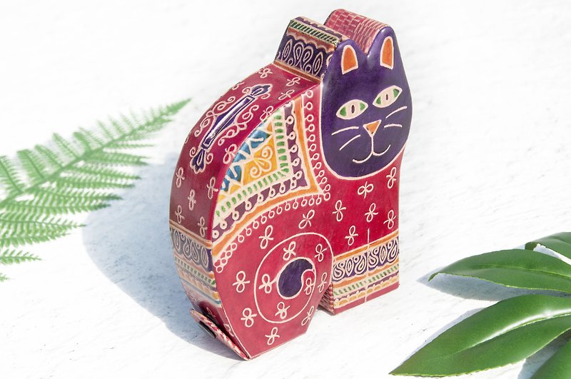 バレンタインデーギフト手作りヤギの皮の貯金箱/手描きスタイルの革の財布-かわいい動物の赤い猫 - 貯金箱 - 革 多色