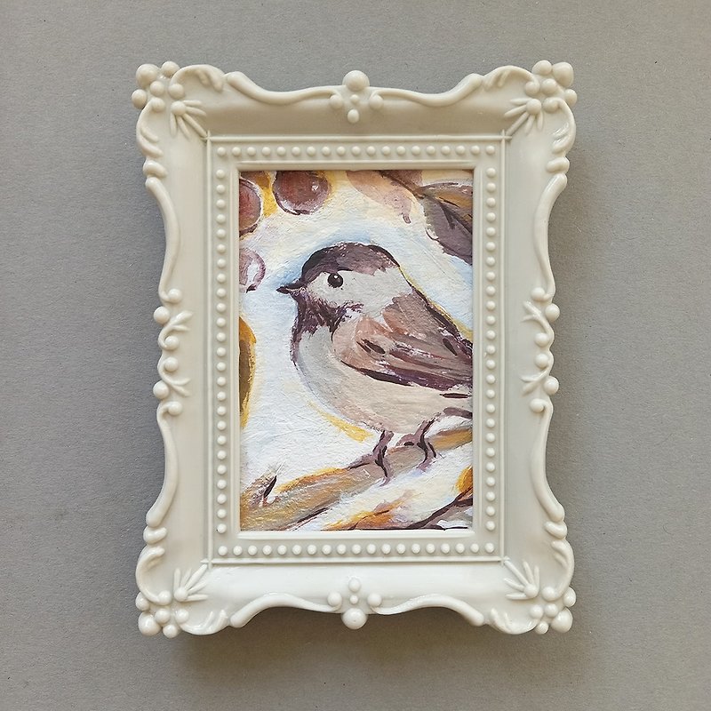 Framed ACEO original acrylic painting bird on branch Miniature wall art - Picture Frames - Acrylic Multicolor
