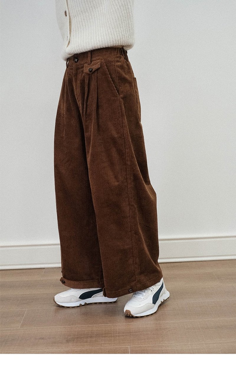 Retro high waist loose straight wide leg corduroy trousers for women - กางเกงขายาว - ผ้าฝ้าย/ผ้าลินิน 