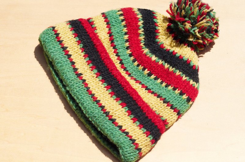 Christmas gift handmade limited hand-knit pure wool hat / knitted wool hat / inner brush hand knitted wool hat / woolen hat (made in nepal)-Tropical jungle ethnic totem - หมวก - ขนแกะ หลากหลายสี