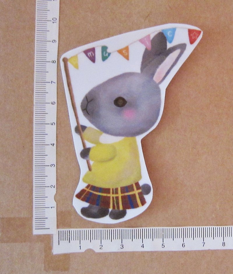 Hand-painted illustration style completely waterproof sticker bunny band Siamese rabbit leader - สติกเกอร์ - วัสดุกันนำ้ สีเทา