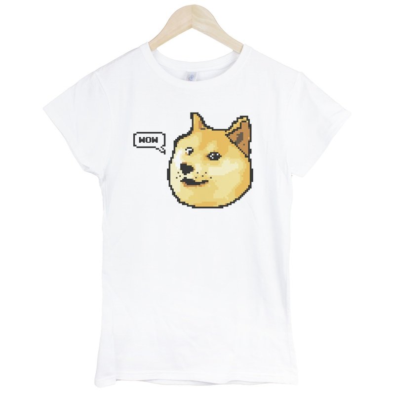 Shibe Doge WOW female male short-sleeved T-shirt white Shiba Inu Japanese animal dog cat street Wenqing - Women's T-Shirts - Cotton & Hemp White