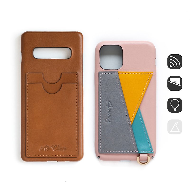 LC17 dual-card leather phone case can be embossed iPhone Android All models can be customized - Phone Cases - Genuine Leather Multicolor