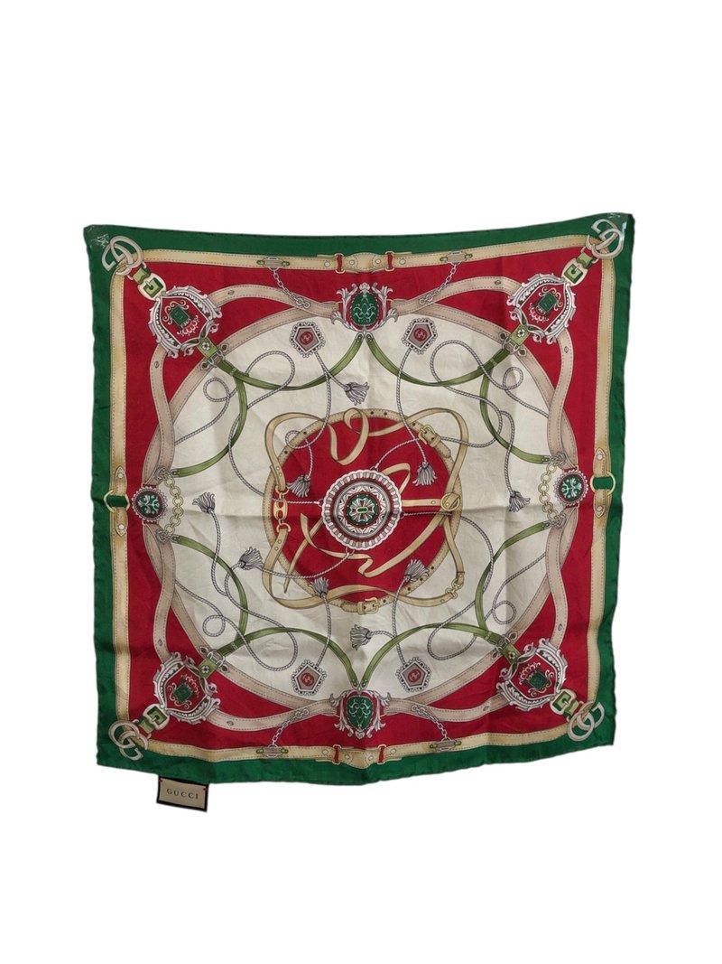 【 日本直送　名牌中古包 】GUCCI グッチ スカーフ グリーン シルク 総柄 vintage ヴィンテージ オールド j8dbd8 - 絲巾 - 絲．絹 綠色