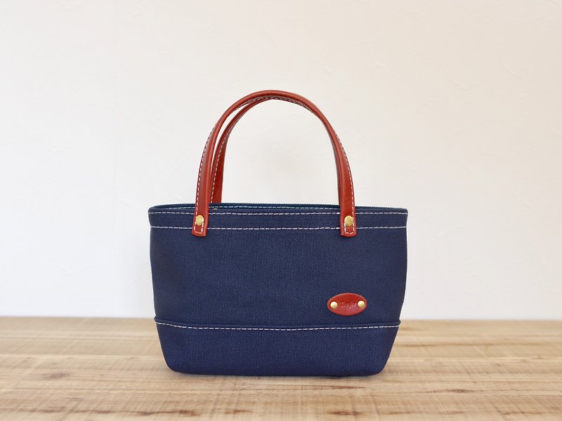 Leather Handle Canvas Mini Tote Bag XS Navy Blue - Handbags & Totes - Cotton & Hemp Blue