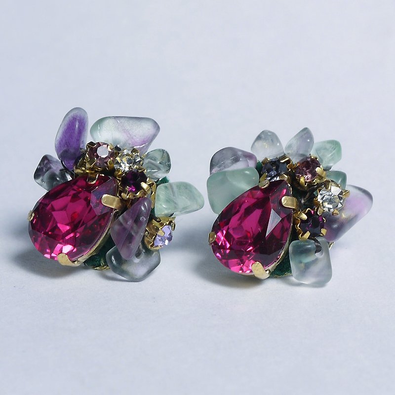 天然石刺繍 フローライト 【願い事ひとつ】 - 耳環/耳夾 - 半寶石 紫色