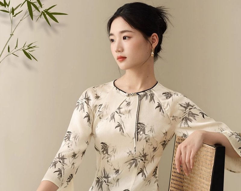 新中式復古中國風 醋酸奧黛改良旗袍 上衣/褲子 - 女上衣/長袖上衣 - 其他材質 白色