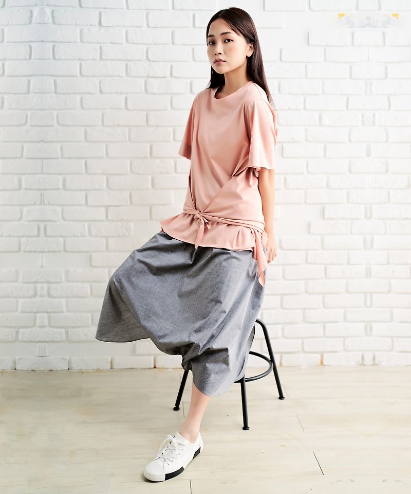 Can pants can skirt elastic band hakama-grey cotton-fabric made in Japan - Skirts - Cotton & Hemp Gray