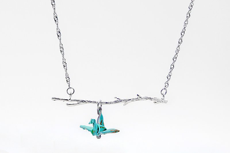 Branch Paper Crane Necklace (Green Lake)-Valentine's Day Gift - Necklaces - Paper Green