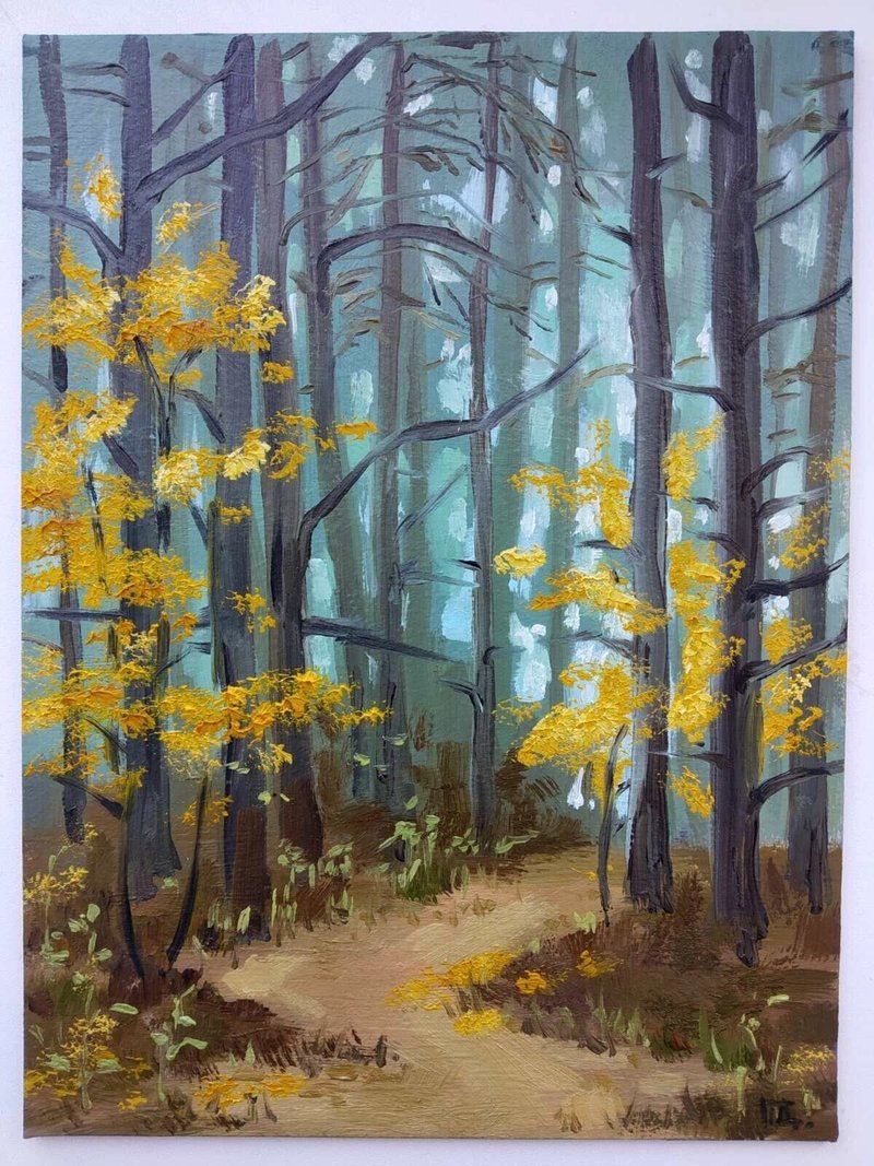 original oil painting foggy forest autumn painting trees in the fog forest path - Wall Décor - Paper Multicolor