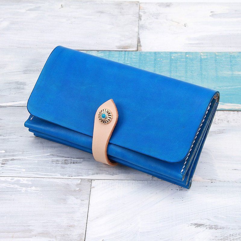 [Tangent School] Genuine Leather Handmade Organ Wallet / Contrasting Color Retro Long Clip 013 Hand Dyed Royal Blue - Clutch Bags - Genuine Leather Blue