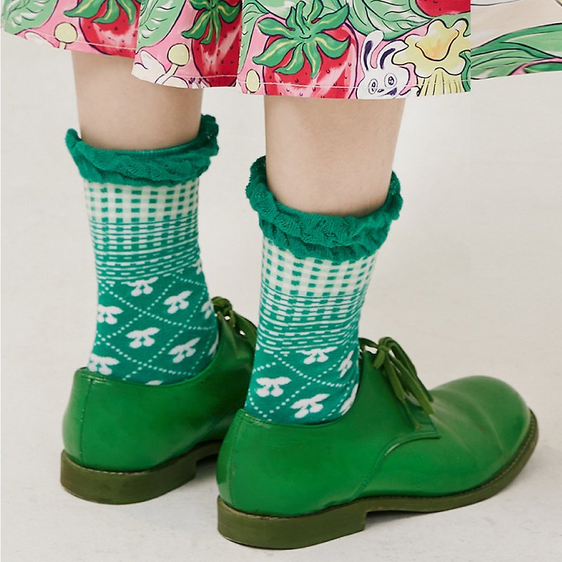 復古印花 櫻桃 菱格 荷葉邊 可愛中筒襪 3雙套組 - 襪子 - 其他材質 多色