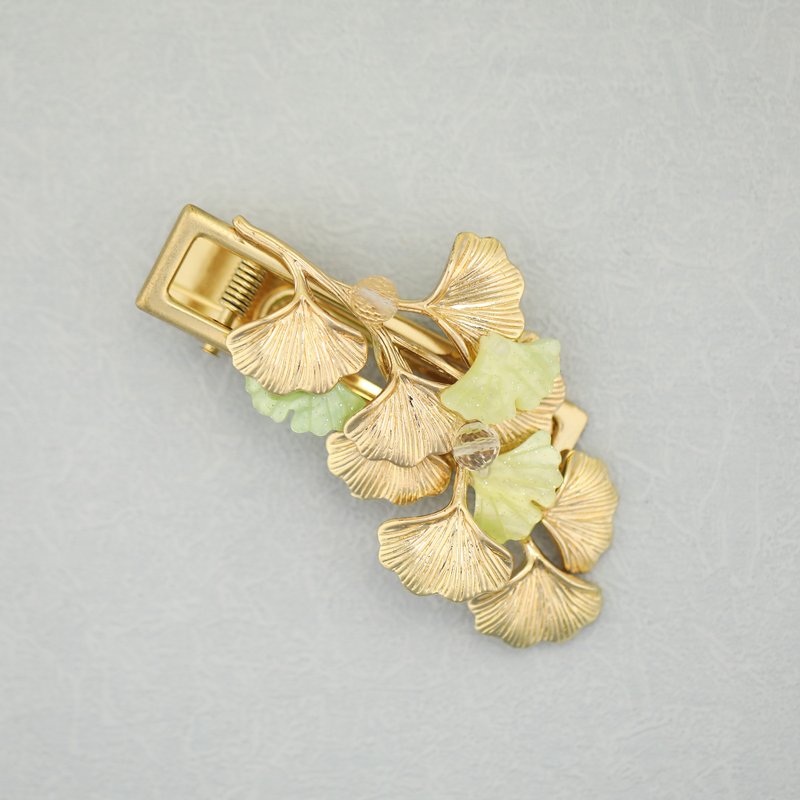 Handmade Ginkgo leaf copper gold hair clip flower hair sticks green - เครื่องประดับผม - ทองแดงทองเหลือง สีทอง