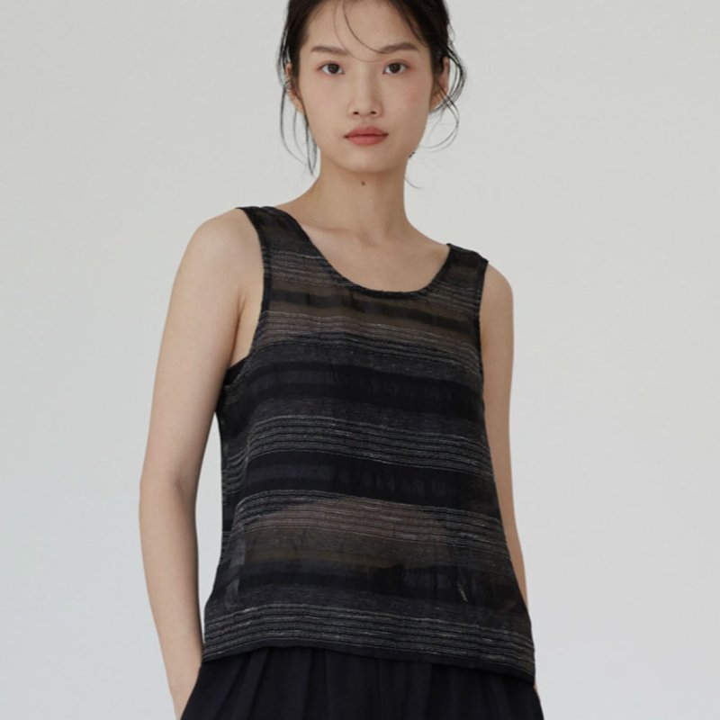 黑色 三色 套頭寬松條紋肌理無袖背心 日本進口亞麻棉特種面料 - 背心/無袖上衣 - 棉．麻 黑色