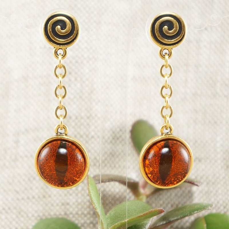 Fire Red Orange Glass Cat Eye Evil Eye Gold Spiral Protection Earrings Jewelry - 耳環/耳夾/耳骨夾 - 玻璃 橘色
