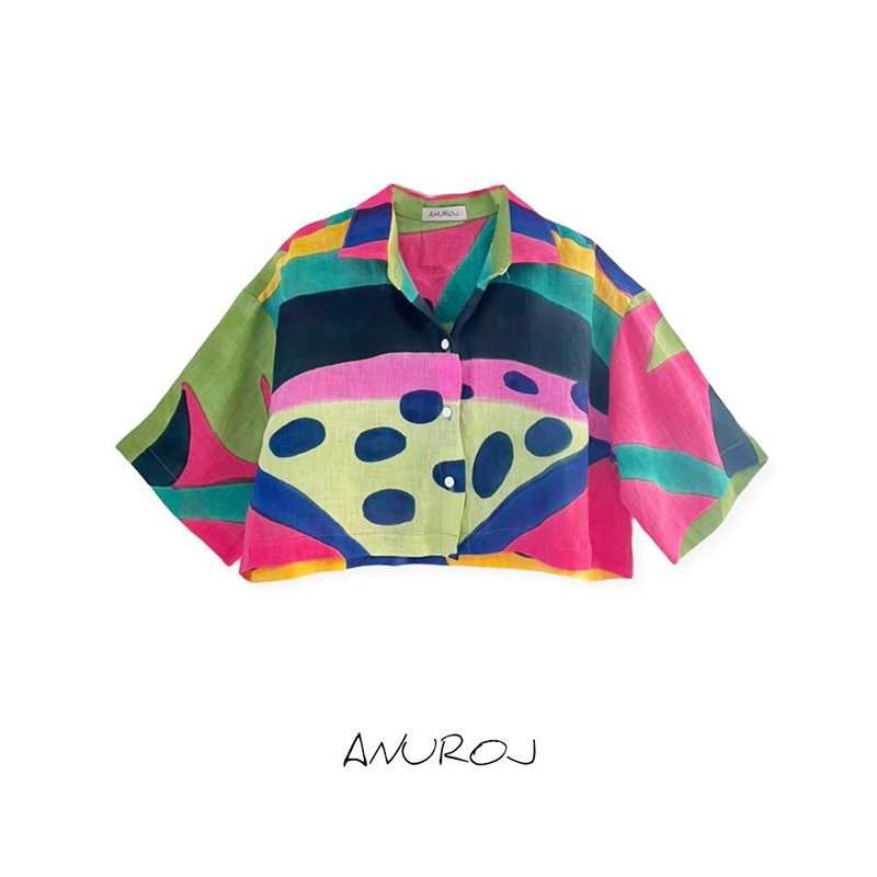 Hawaii Crop shirt Linen For Summer Beach Vacation Free Size - 女上衣/長袖上衣 - 棉．麻 